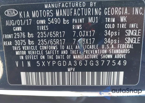 2018 Kia Sorento 2.4L Lx from USA, damaged, VIN 5XYPGDA36JG377549
